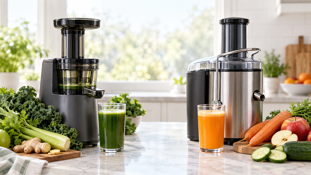 Cold press juicer and centrifugal juicer with green juice, orange juice, and fresh produce on a kitchen counter