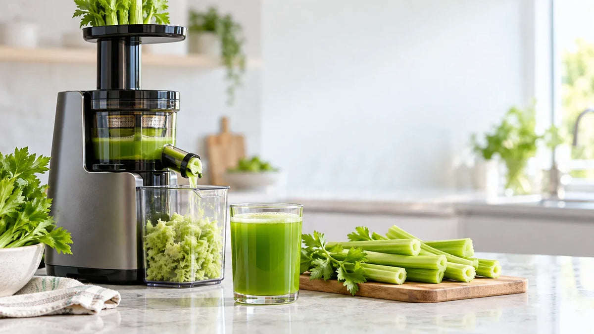 Slow masticating juicer making fresh celery juice with prepared celery stalks and smooth pulp output