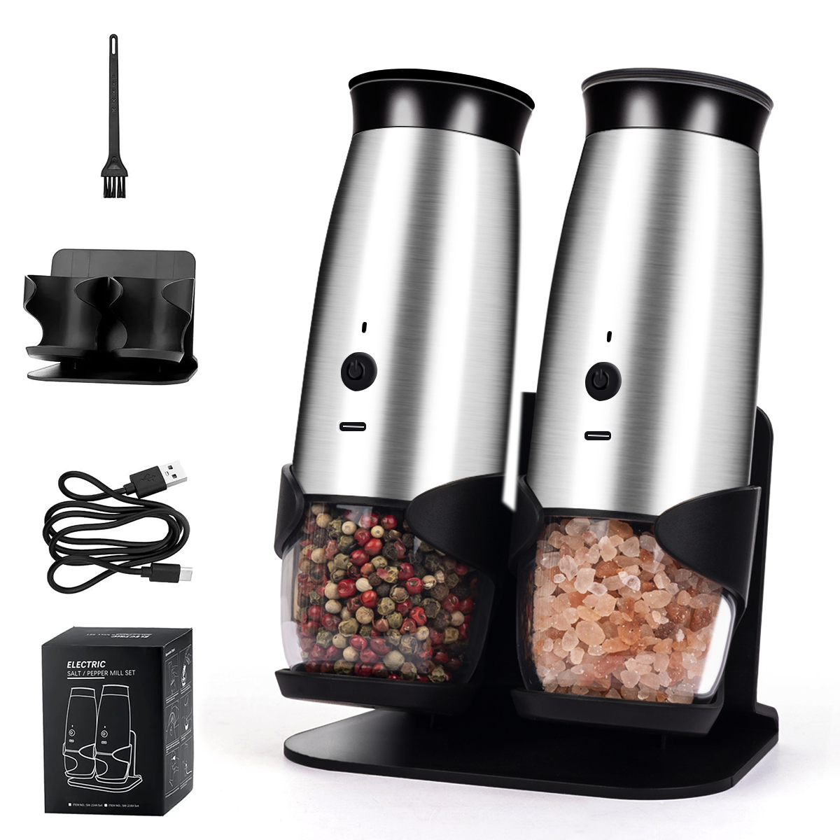 2Pack Stainless Steel Electric Pepper and Salt Grinder Set